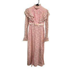 Vintage Pink Lace Victorian-Style Dress High Neck Long Sleeve Maxi Ribbon Accent